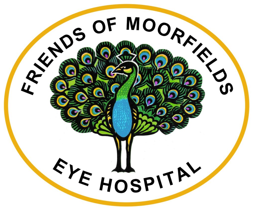 An older version of the Friends of Moorfields logo, showing a green peacock inside a gold oval.