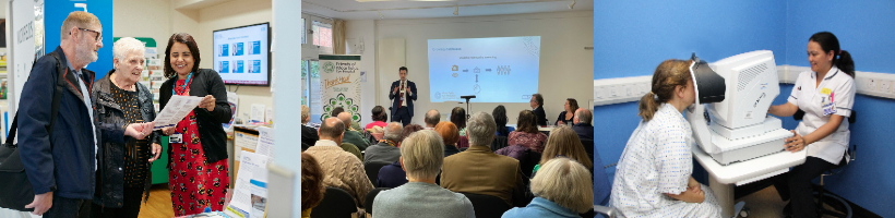 A row of three photographs. The first shows patients smiling as they're helped at the Health Information Hub. The second shows a clinician giving a presentation to a room full of people. The third shows a piece of eye examination equipment in use.