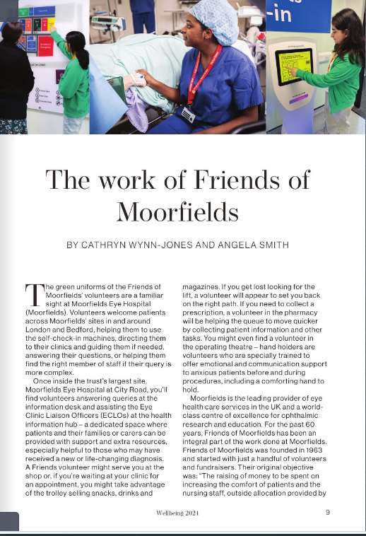 The first page of an article titled "The work of Friends of Moorfields". Above the text are pictures of volunteers at work.
