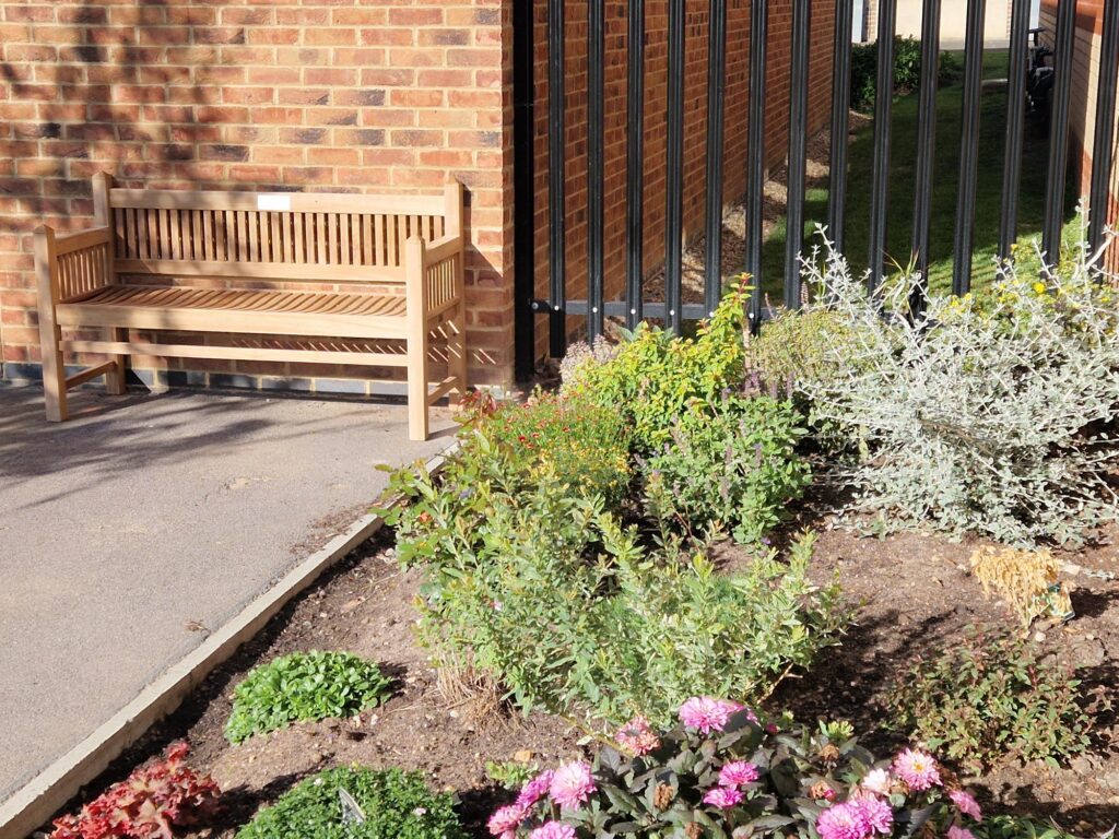 A wooden bench with a plaque, sitting beside a flower bed.