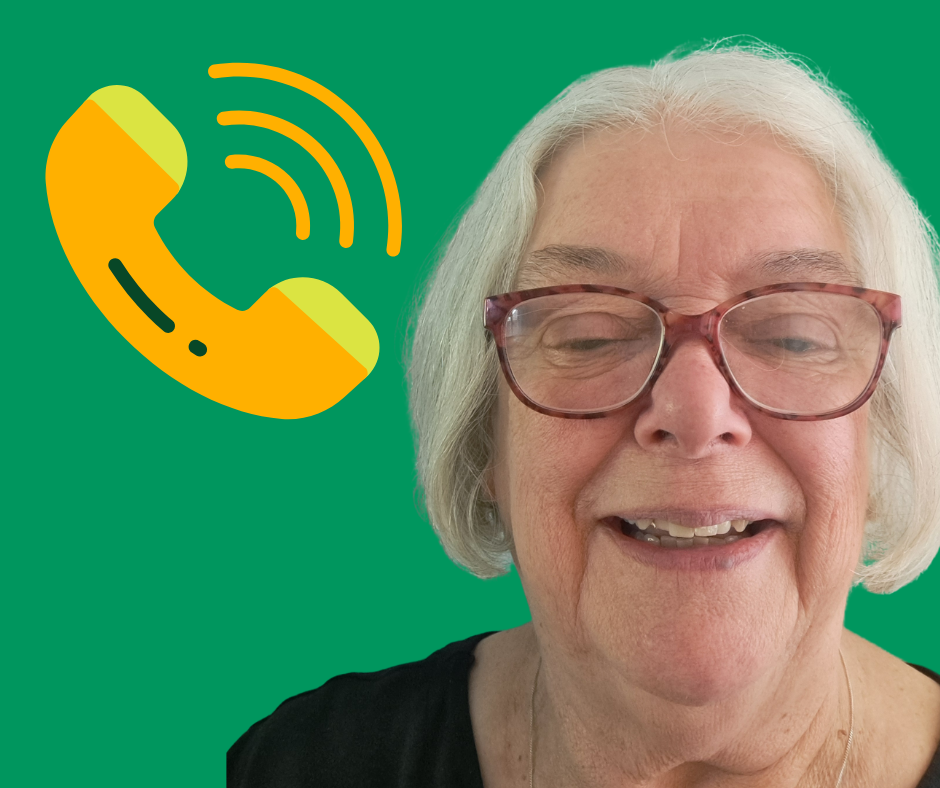 Barbara smiles at the camera, against a green background with a stylised image of a phone.