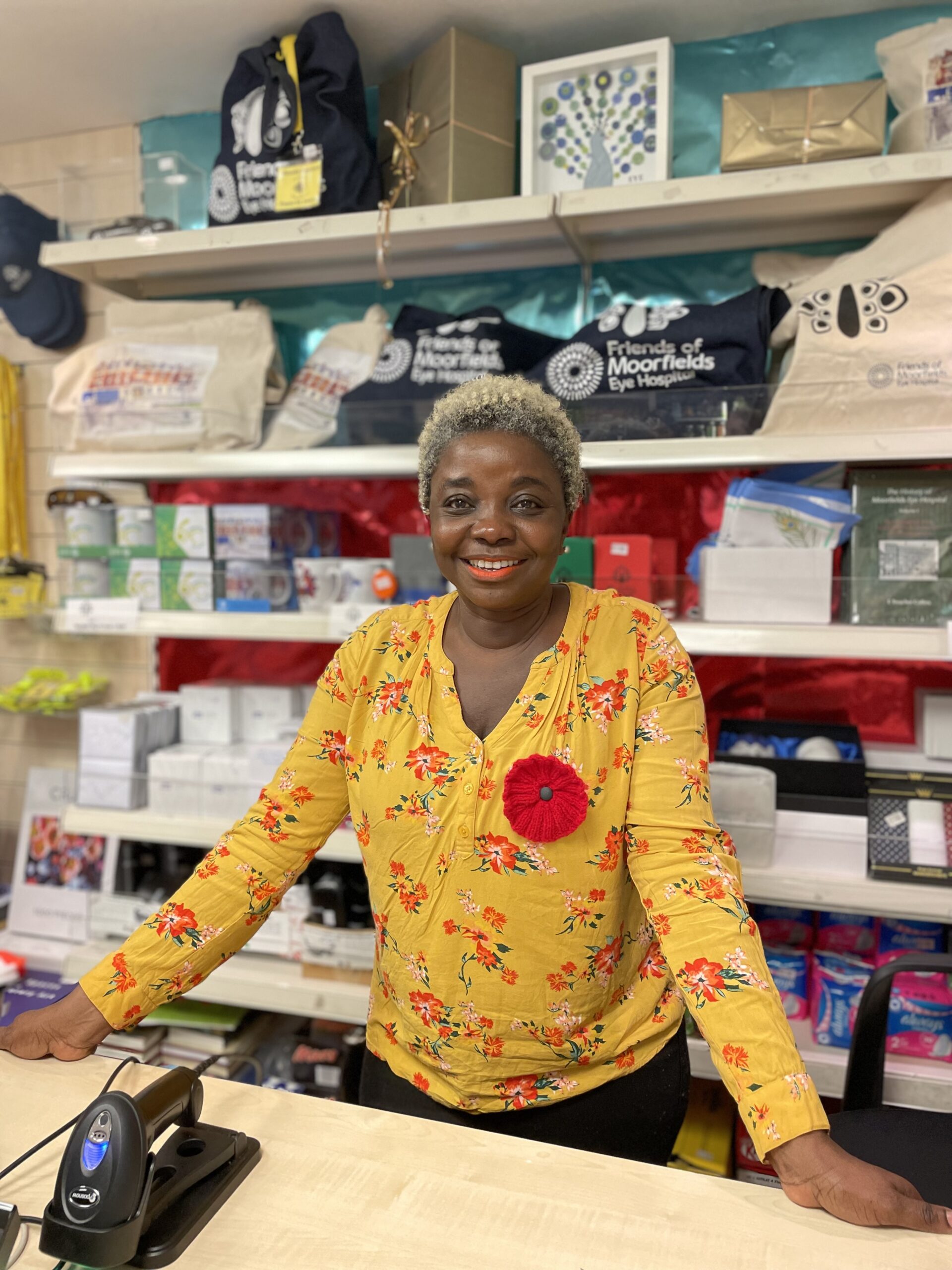 Picture of Joyce in the Friends of Moorfields shop